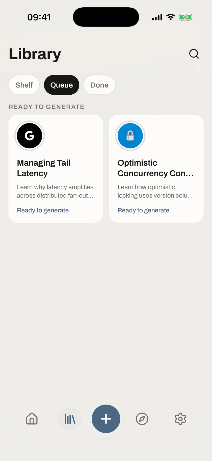 Sophia’s Library Queue with two courses ready to generate, one from email and one from an AI assistant.